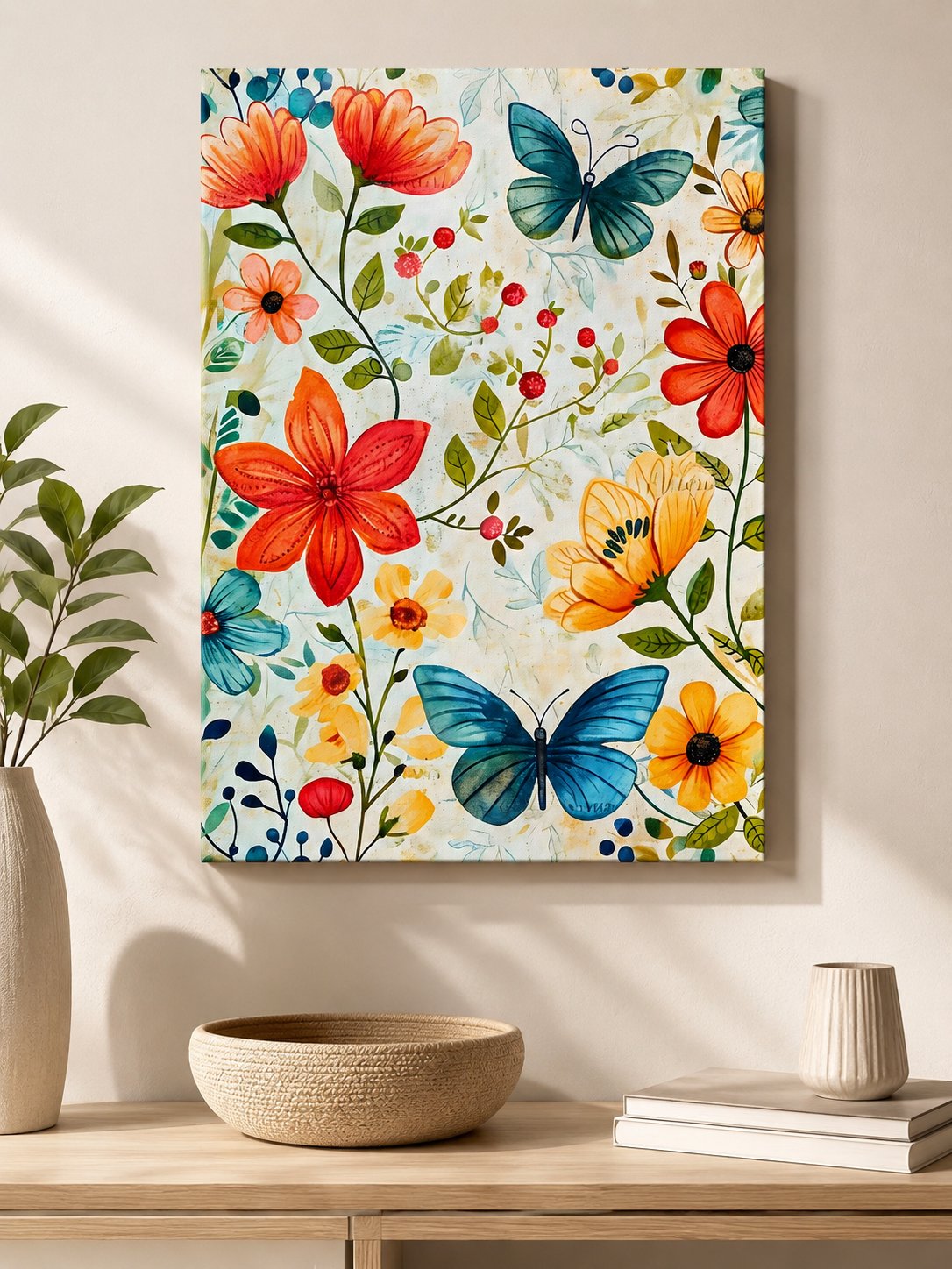 Watercolor Floral and Butterfly Wall Art - Vibrant Orange and Yellow Flower Canvas Print, Whimsical Nature Botanical Poster for Living Room Decor canvas print — butterfly wall decor