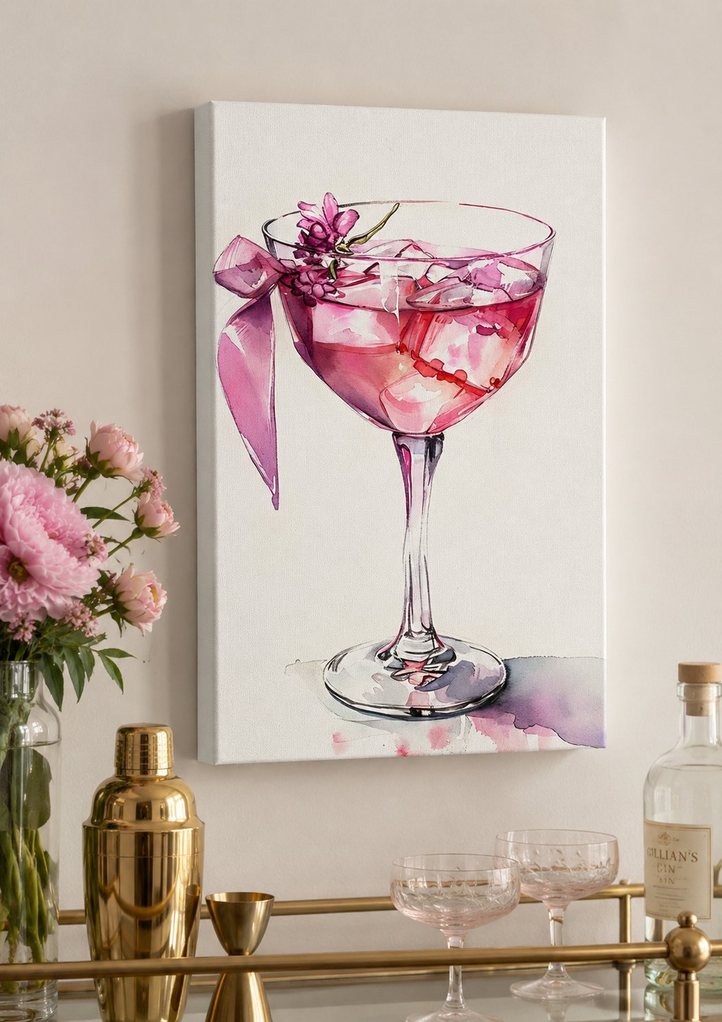 Watercolor Pink Cocktail Print | Elegant Coupe Glass Canvas Art for Kitchen & Bar canvas print — cocktail wall decor