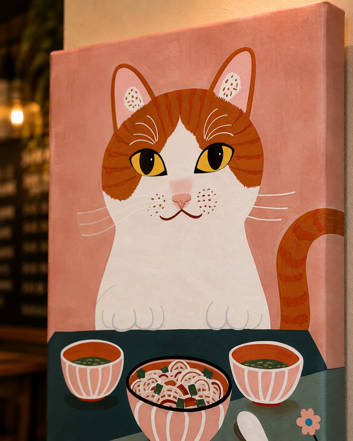 Whimsical Cat Eating Ramen Wall Art | Cute Orange Tabby Canvas Print canvas print — cat noodle print