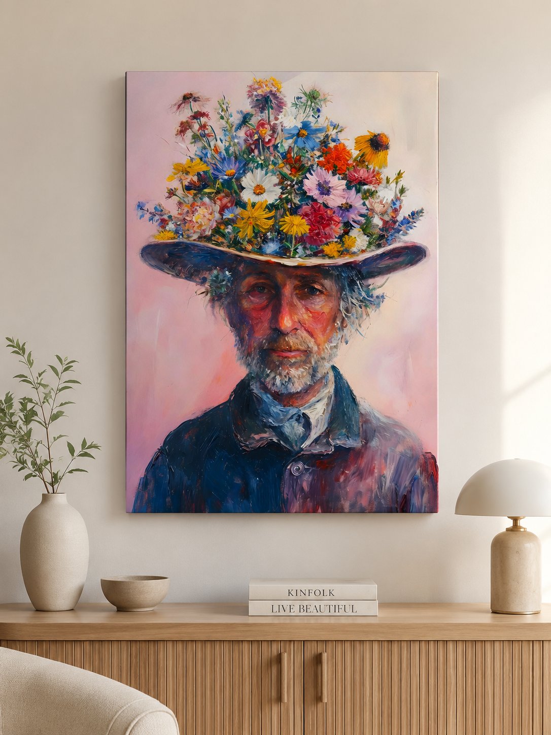 Whimsical Impressionist Floral Man Portrait Canvas Wall Art - Vintage Style Bearded Man with Vibrant Wildflower Hat Oil Painting Print canvas print — elderly man art
