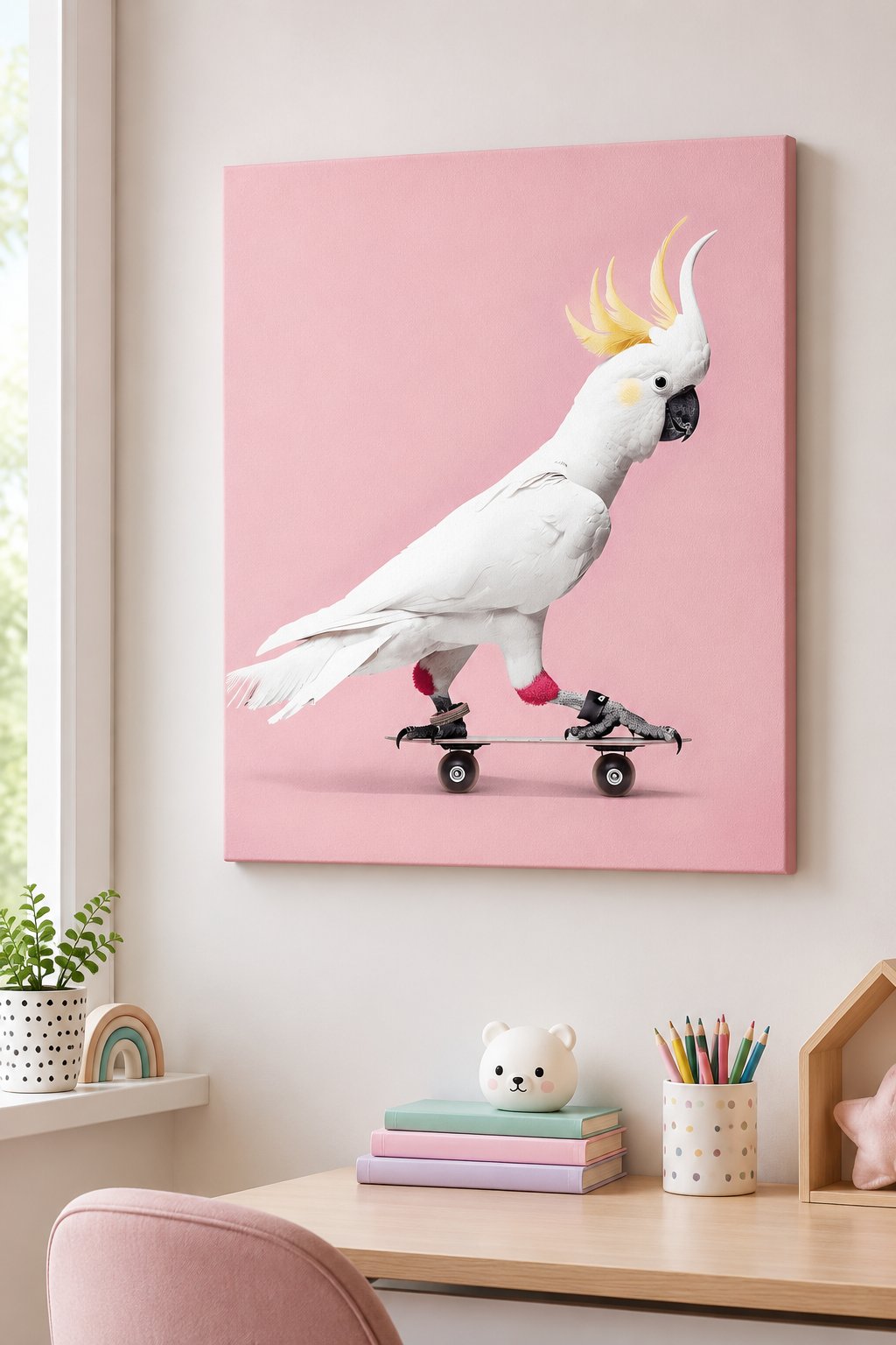 Whimsical White Cockatoo on Skateboard Wall Art - Modern Pink Tropical Bird Canvas Print canvas print — skateboarding cockatoo