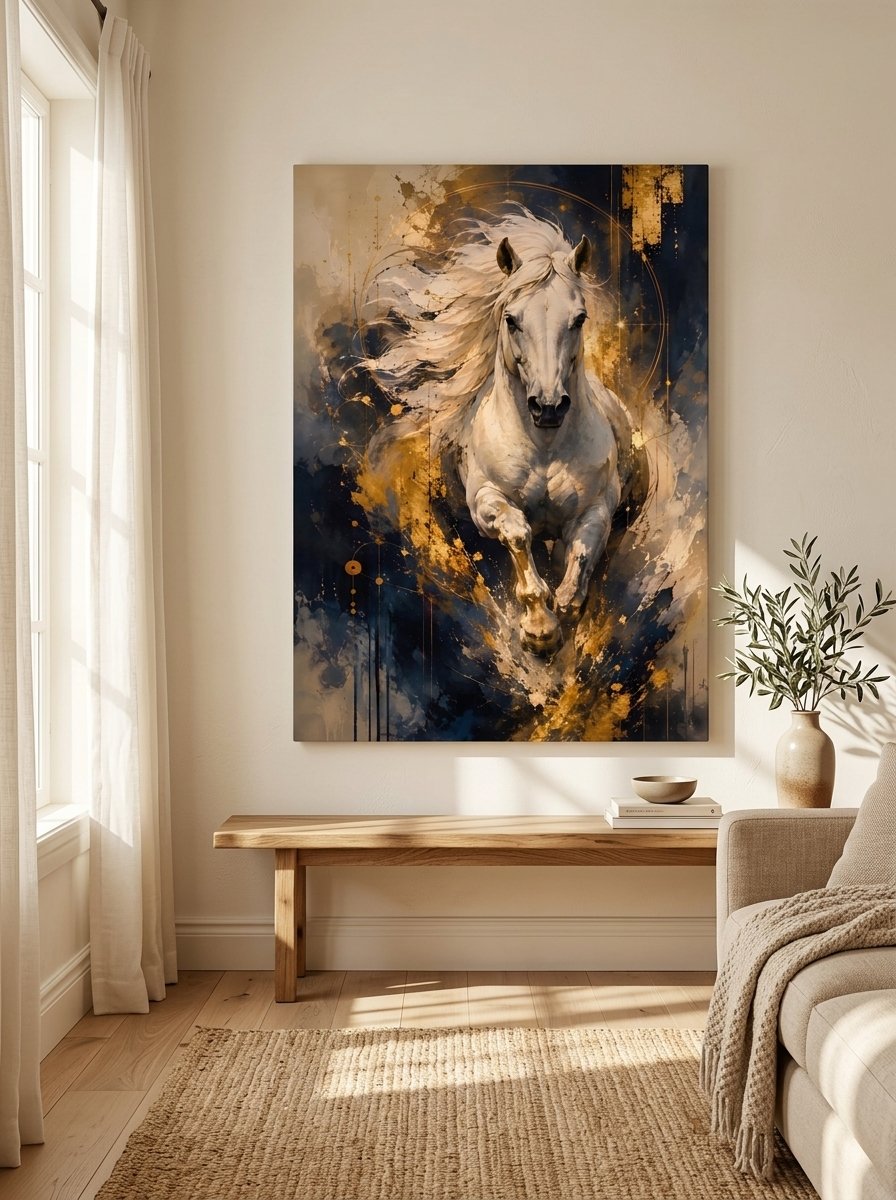 White horse galloping toward viewer on navy and gold abstract background — canvas wall art