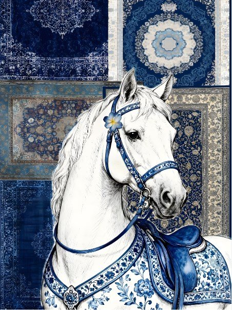 White Horse Poster, Blue and White Chinoiserie Poster, Persian Carpet Pattern Background, Majestic Stallion Artwork, Ornate Oriental Rug Decor — Poster