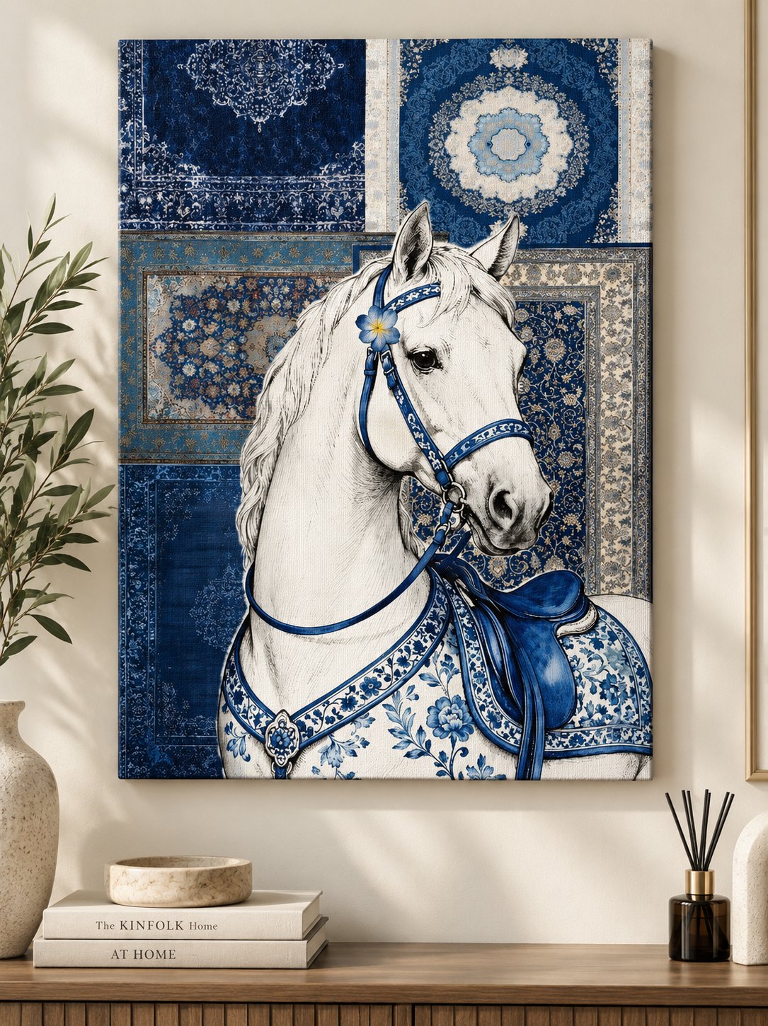 White Horse Wall Art, Blue and White Chinoiserie Canvas Print, Persian Carpet Pattern Background, Majestic Stallion Artwork, Ornate Oriental Rug Decor canvas print — equestrian decor