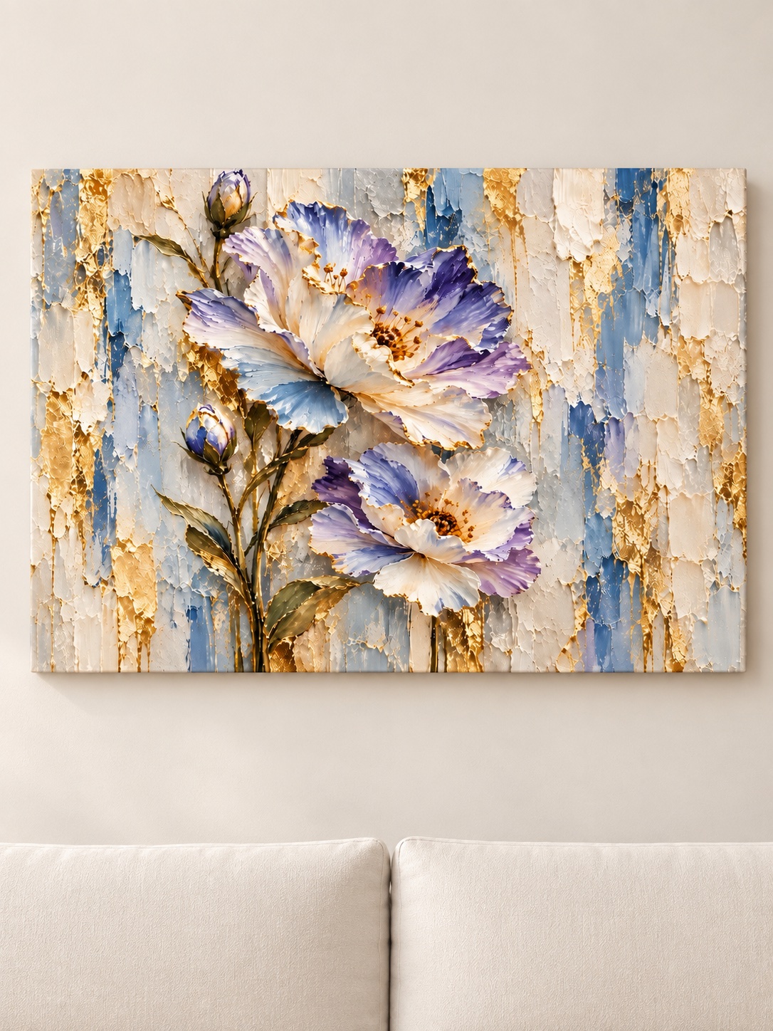 White Iris Gold Leaf Impasto Canvas Wall Art for Living Room