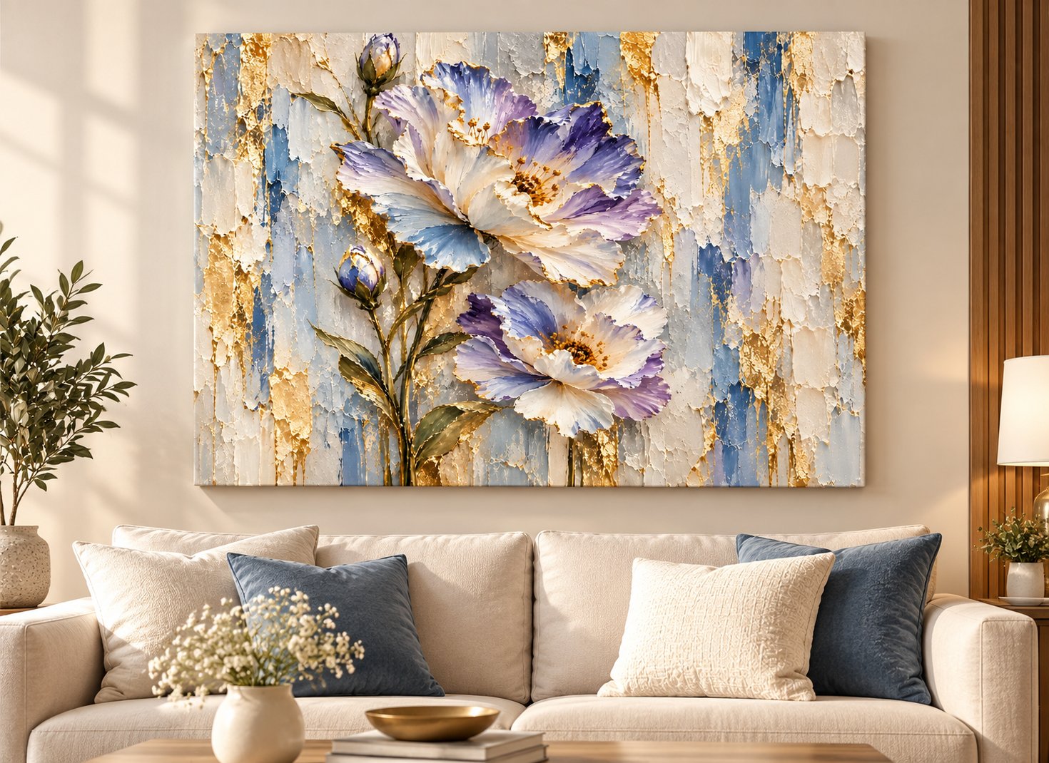 White Iris Gold Leaf Impasto Canvas Wall Art for Living Room | Buy Online India