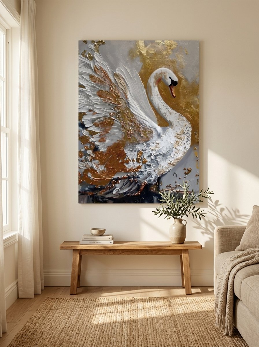 Elegant white swan with gold accents in impasto on soft grey-gold background — canvas wall art