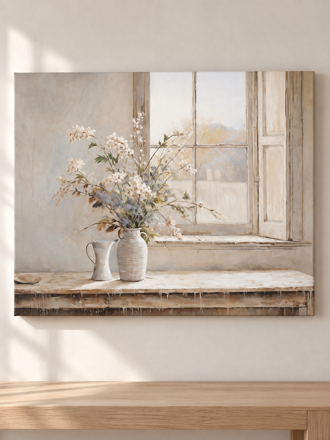 White Wildflowers Window Canvas Wall Art