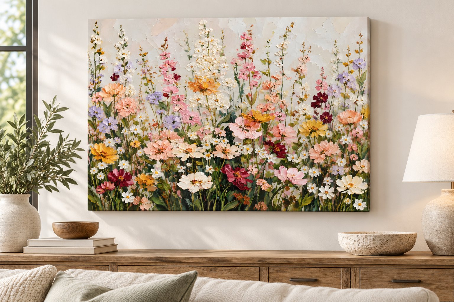 Wildflower meadow canvas wall art with colorful blooms