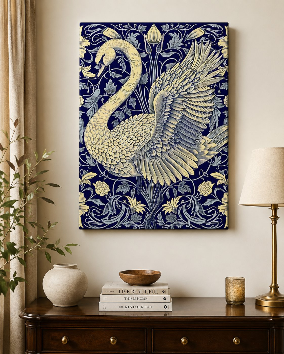 William Morris Inspired Swan Wall Art - Vintage Art Nouveau Bird Art Print, Elegant Botanical Navy Blue Floral Poster, Maximalist Home Decor canvas print — swan wall decor