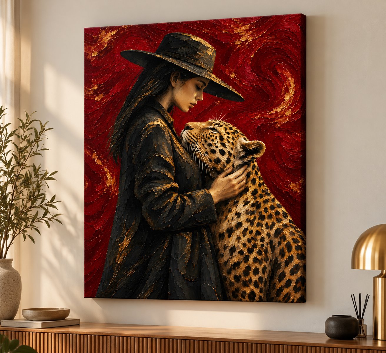 Woman Embracing Leopard Canvas Wall Art - Dramatic Red Wildlife Painting for Living Room Decor