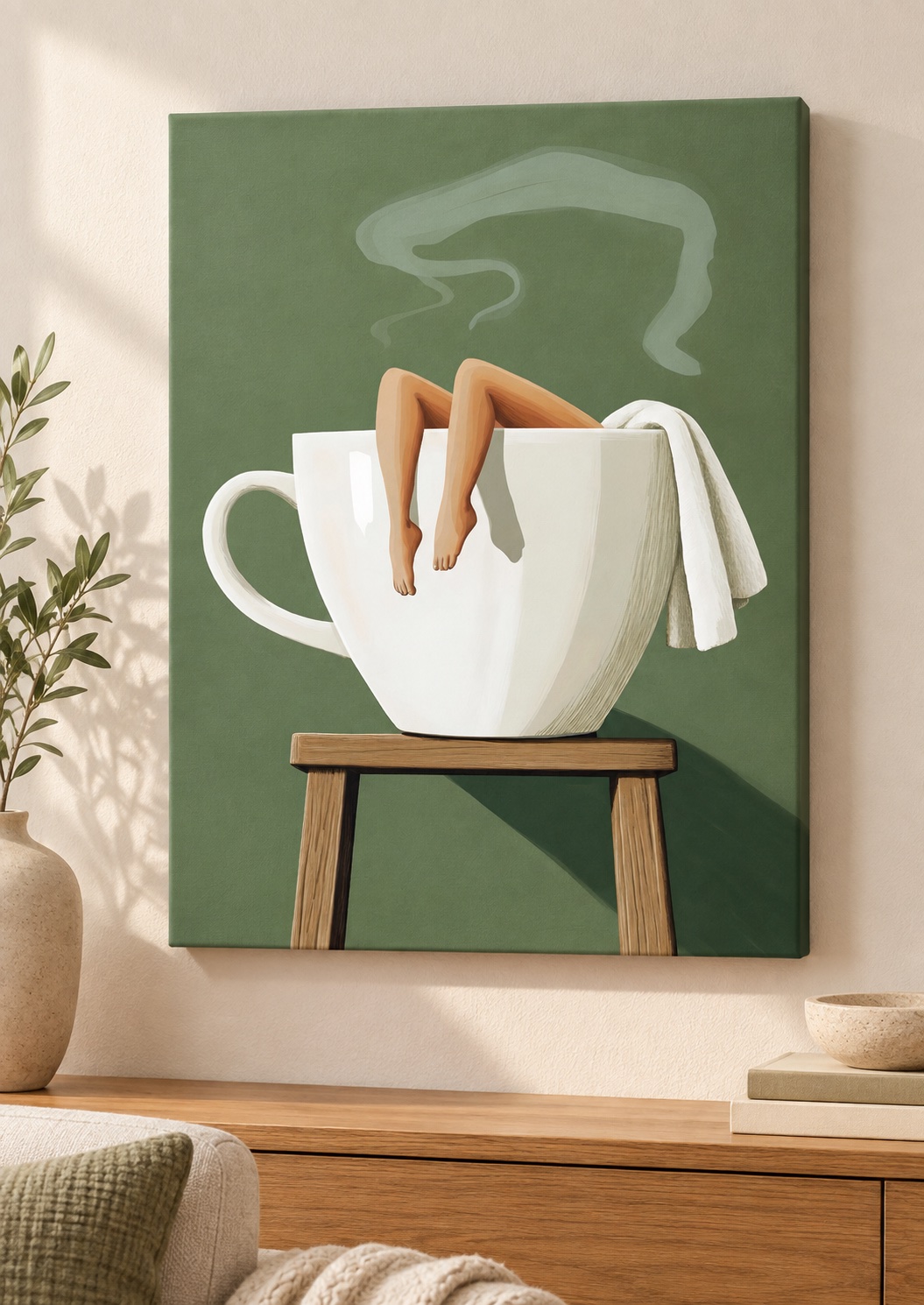 Woman in a White Coffee Cup | Surreal Sage Green Wall Art