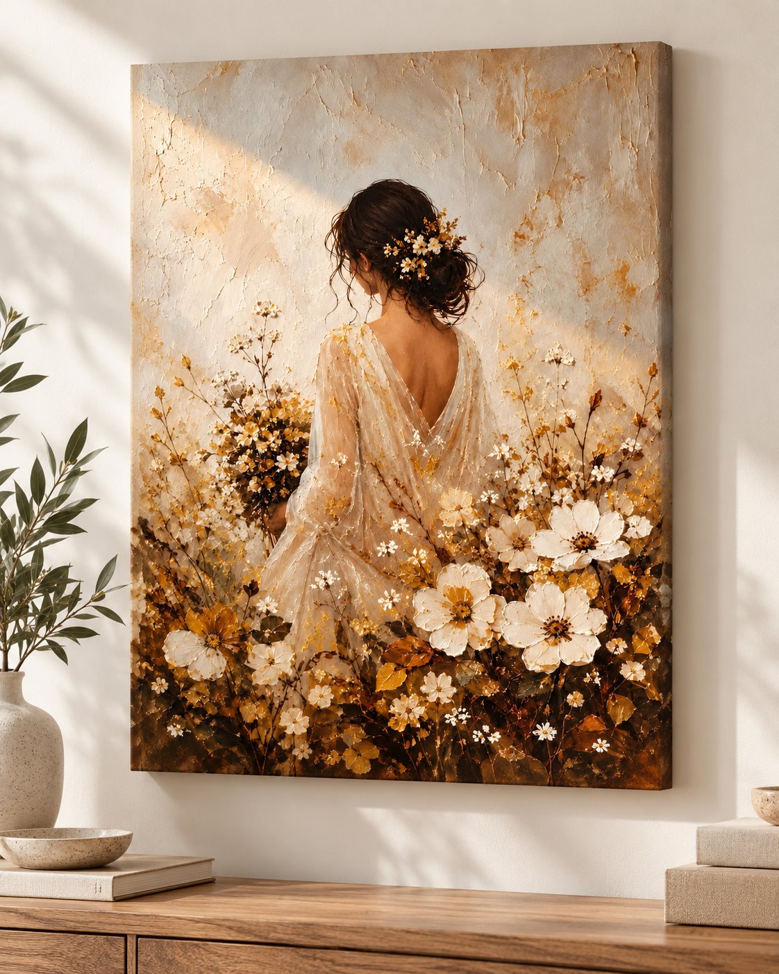 Woman in Golden Wildflower Meadow Canvas Wall Art - Elegant White Floral Portrait Painting for Living Room Decor