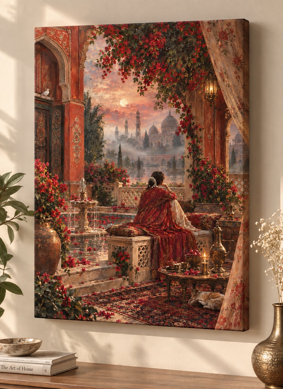 Woman in Red on an Ornate Palace Terrace at Sunset – Romantic Red & Gold Painterly Wall Art