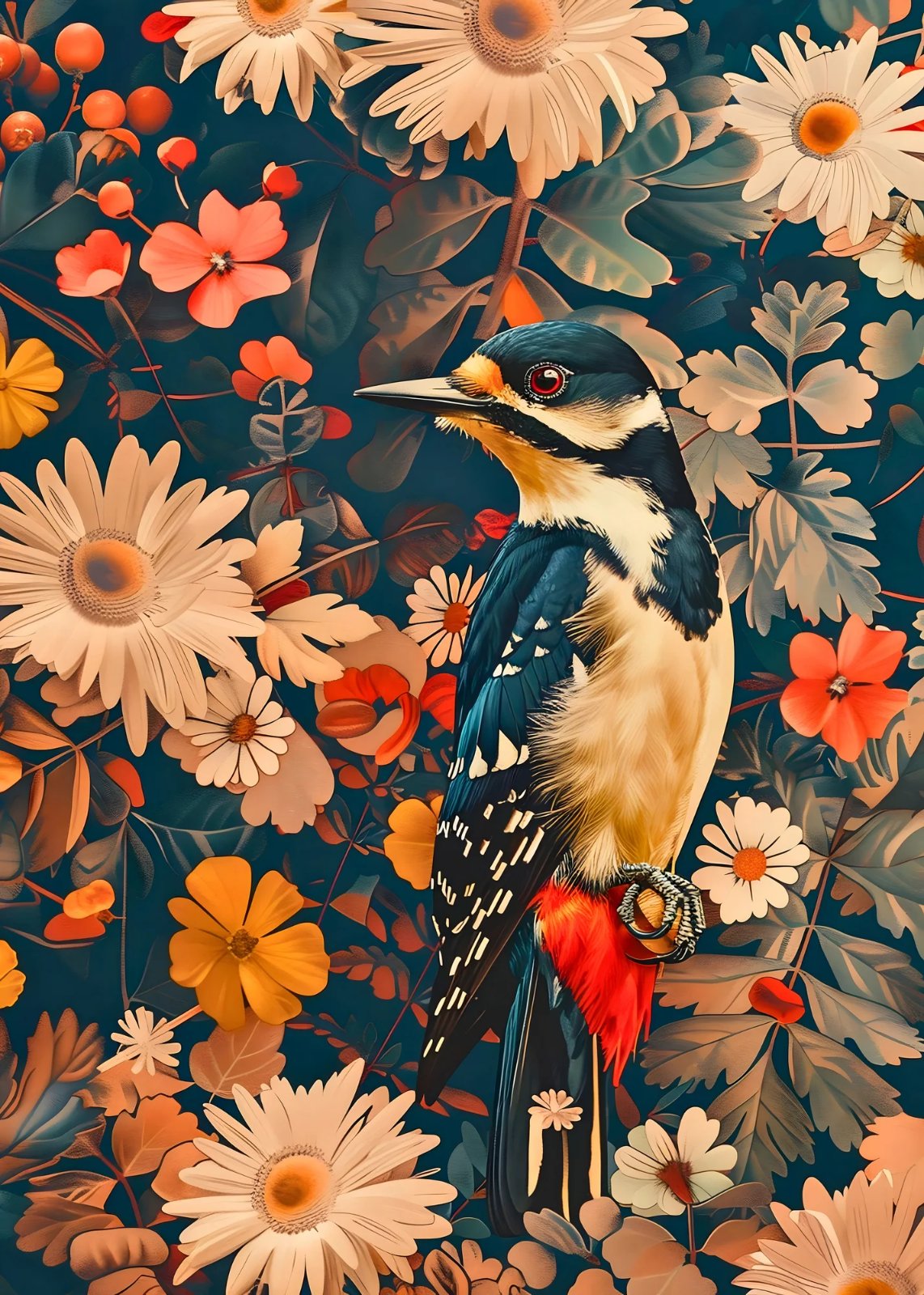 Black and white woodpecker with red undertail among flowers and orange berries — poster