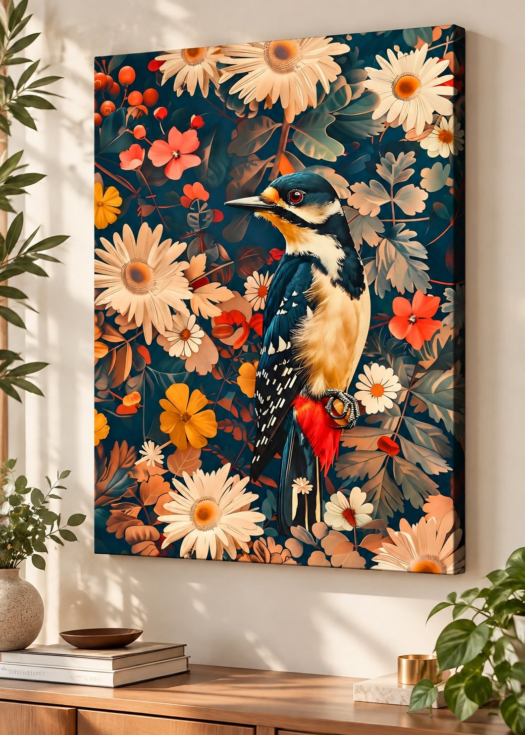Black and white woodpecker with red undertail among flowers and orange berries — canvas wall art