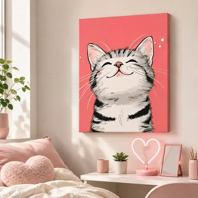 Cute smiling grey tabby cat canvas wall art for the kids' room, buy online in India
