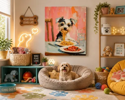 Cute dog eating spaghetti whimsical canvas wall art for the living room, buy online in India