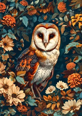 Barn Owl Poster – Autumn Floral Bird Wall Decor – Exotic Wildlife Poster