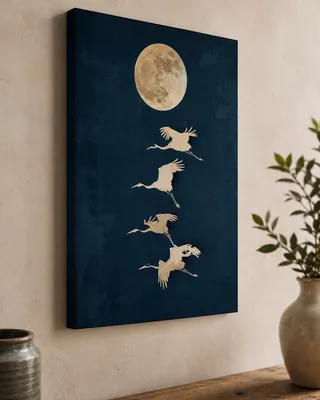 Moonlit Japanese crane in midnight flight canvas wall art for the bedroom, buy online in India