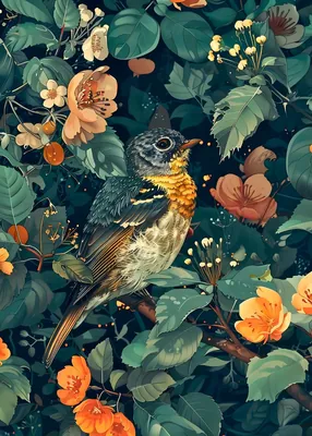 Blue Songbird and Orange Flowers Poster – Botanical Nature Poster – Wildlife