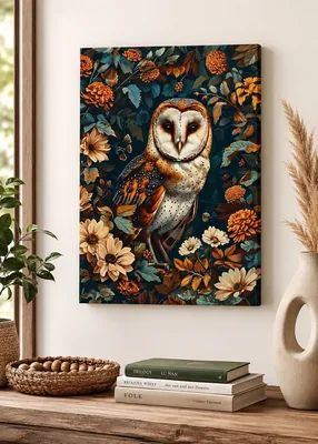 Barn owl among autumn flowers canvas wall art for the bedroom, buy online in India