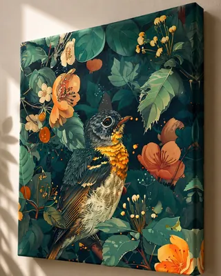 Blue songbird with orange flowers botanical canvas wall art for the living room, buy online in India