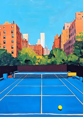 Contemporary Blue Tennis Court Art Print - Colorful City Skyline & Architecture