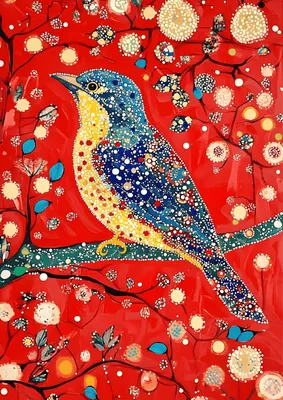 Pointillism Songbird Nature Art - Colorful Dotted Tree & Bird Illustration Print