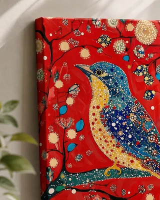 Pointillism songbird dotted tree nature canvas wall art for the bedroom, buy online in India