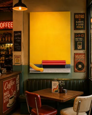Minimalist yellow wall art with red bench canvas print for the kids' room, buy online in India