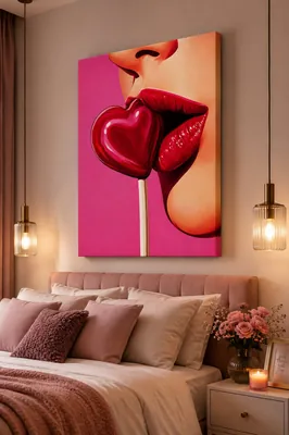 Pop art red lips with heart lollipop canvas wall art for the bedroom, buy online in India