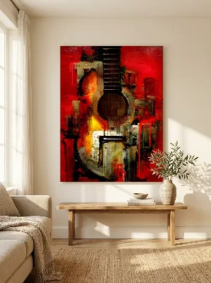 Abstract acoustic guitar red black and gold canvas wall art