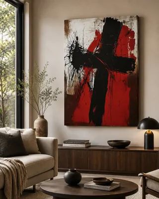 Abstract black cross canvas wall art in red and white for living room