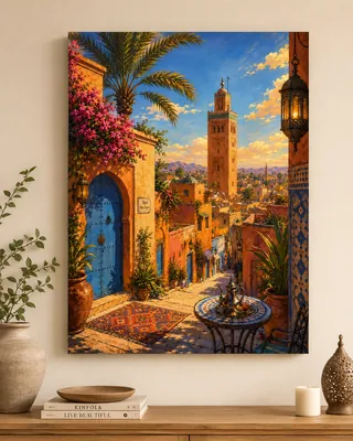 Arabic cityscape blue door canvas wall art for living room, buy in India