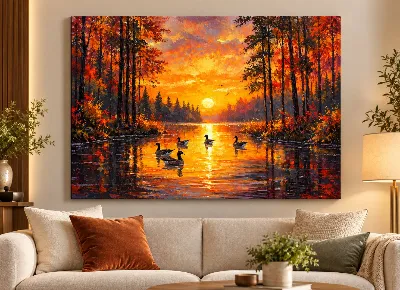 Autumn lake sunset canvas wall art with ducks and golden reflections