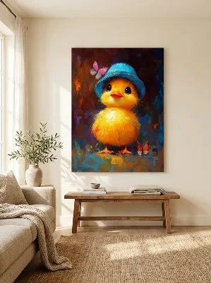 Baby chick in blue hat with butterflies canvas wall art for kids room
