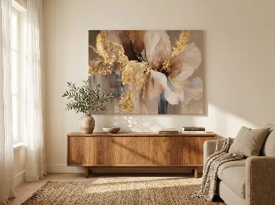 Beige and cream flowers with gold leaf floral canvas wall art for living room and dining room