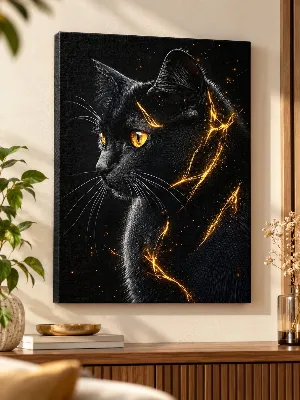 Black cat in profile view with golden sparks and glowing yellow eyes — canvas wall art.