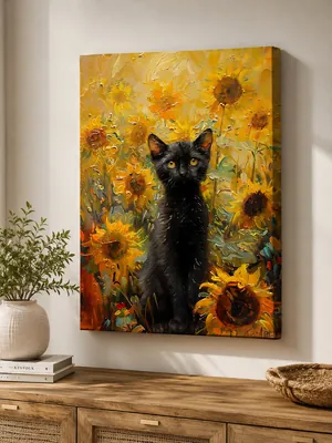 Black cat in a sunflower field impasto canvas wall art for the living room, buy online in India