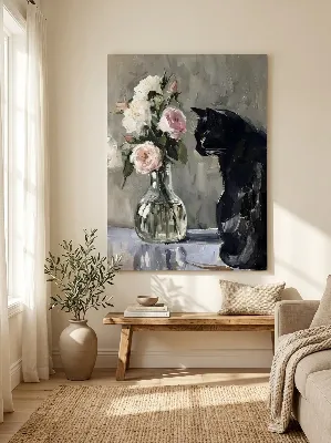 Black cat sitting beside a glass vase of white and pink roses on a grey background — canvas wall art