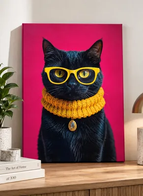 Black cat with bright yellow glasses and golden knitted collar, wearing a pendant against a vivid hot pink background.