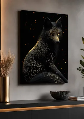 Black fox celestial canvas wall art in gold and black for living room