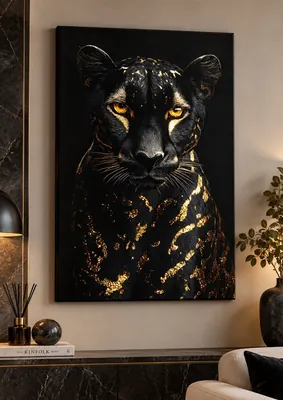 Black panther gold leaf canvas wall art for living room, buy in India