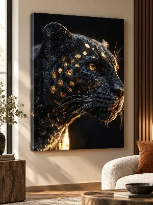 Close-up black panther profile with gold rosettes and amber eye — canvas wall art.