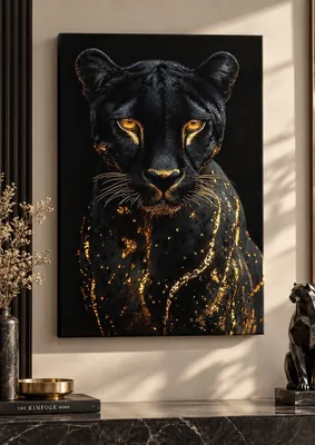 Black and gold panther portrait canvas wall art for living room, buy in India