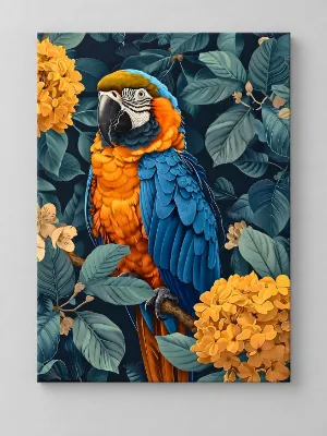 Blue and gold macaw with orange chest among yellow flowers on dark background — canvas wall art