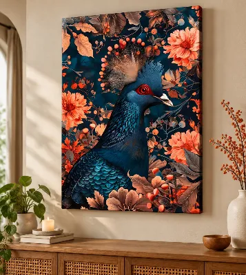 Deep-blue crowned pigeon with orange-tipped crest among coral flowers — canvas wall art