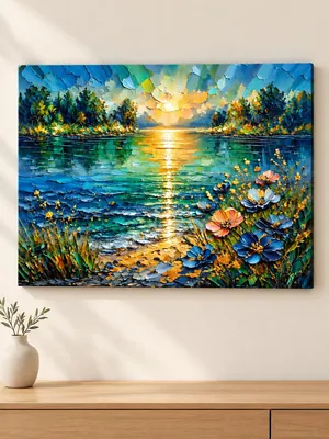 Blue lake sunset wildflowers canvas wall art with golden reflections