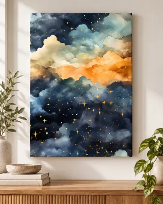 Moonless watercolor night sky with golden stars and a glowing peach cloud band — canvas wall art